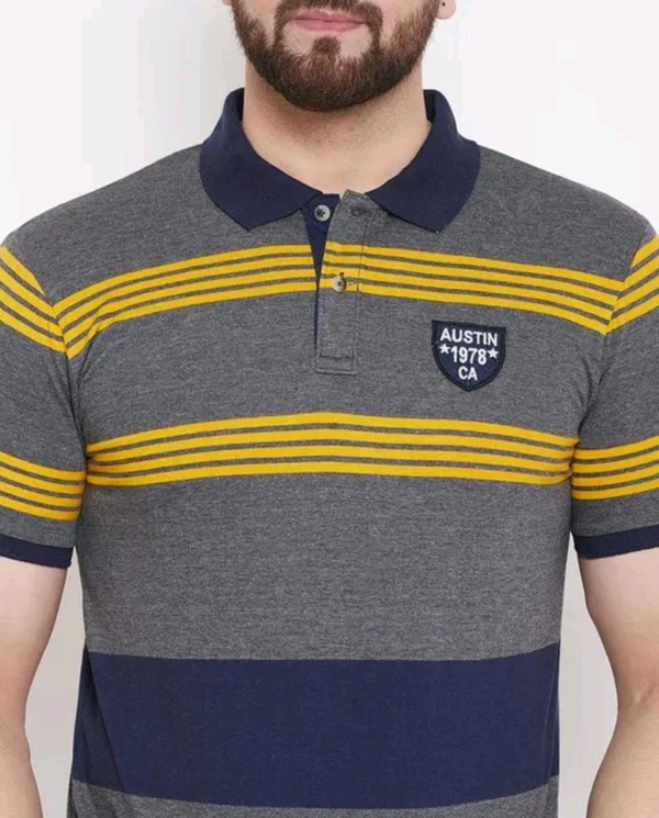 Austin Wood Men's Half Sleeves Polo Neck Striper T-shirt - M
