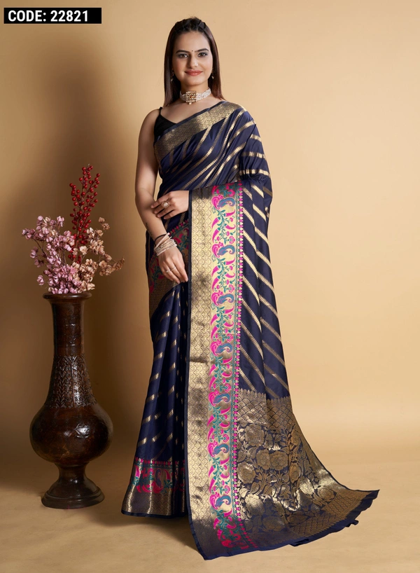 FabricKanchipuram silkBlouseKanchipuram silkSaree Length5.5 Mtr.Blouse Length0.8 Mtr.WorkZari weaving workCare instructionDry clean only