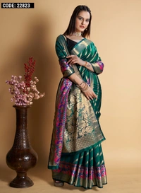 FabricKanchipuram silkBlouseKanchipuram silkSaree Length5.5 Mtr.Blouse Length0.8 Mtr.WorkZari weaving workCare instructionDry clean only