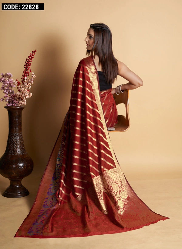 FabricKanchipuram silkBlouseKanchipuram silkSaree Length5.5 Mtr.Blouse Length0.8 Mtr.WorkZari weaving workCare instructionDry clean only