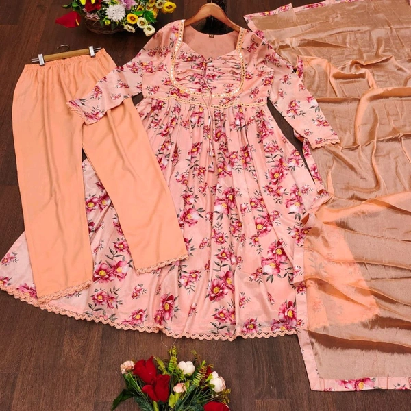 Multicoloured Anarkali with mirror work and print lace - XL