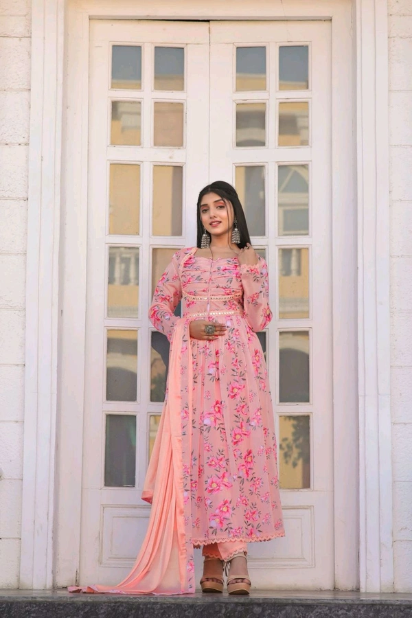 Multicoloured Anarkali with mirror work and print lace - XL