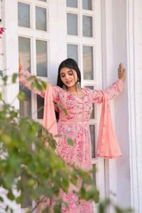 Multicoloured Anarkali with mirror work and print lace - XL