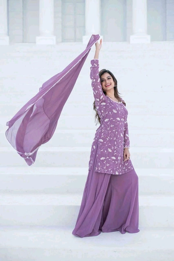 Thread Embroidery Kurta With Wide Flowy Sharara And Duppatta - S
