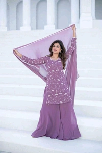Thread Embroidery Kurta With Wide Flowy Sharara And Duppatta - M