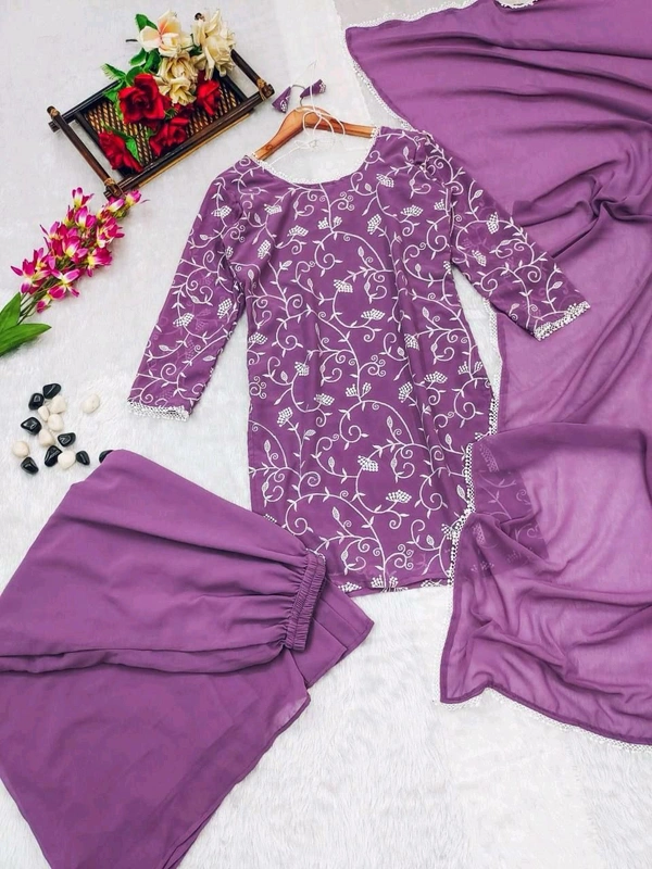 Thread Embroidery Kurta With Wide Flowy Sharara And Duppatta - L