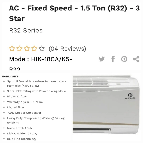 Haikawa 1.5 Ton 3* Fixed Speed Ac  - White, 1.5 Ton