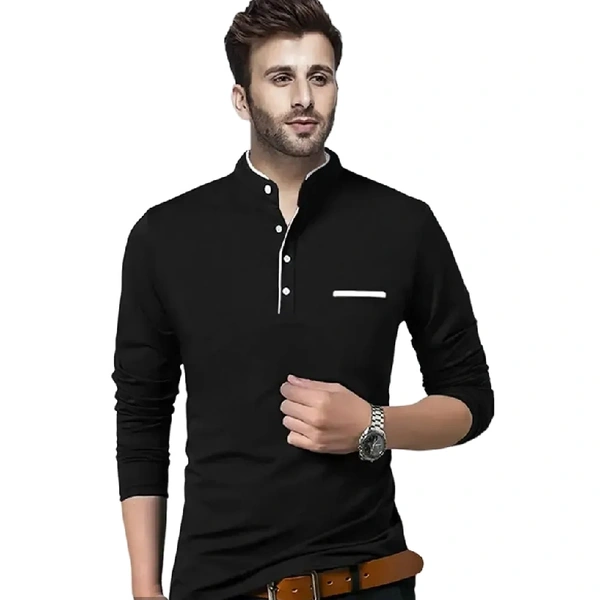 Henley Neck Long Sleeves Cotoon Blend Solid Tshirts - Black, 2XL