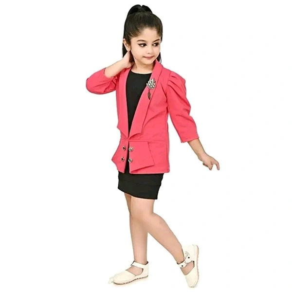 Classic Crepe Solid Dress for Kids Girls with Jacket - Red, 5-6 Years