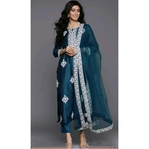 Stylish Fancy Rayon Slub Kurta With Bottom Wear And Dupatta Set For Women - Blue Dianne, XL
