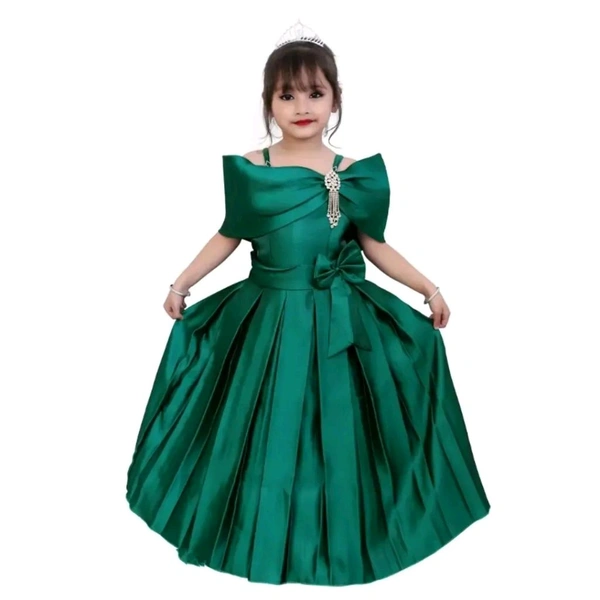 Green Solid Silk Blend Ethnic Gown - Green, 7-8 Year