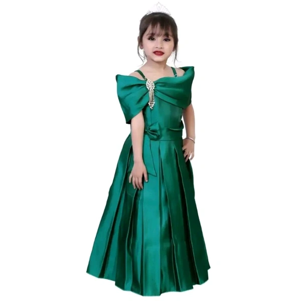 Green Solid Silk Blend Ethnic Gown - Green, 7-8 Year
