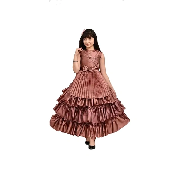 Stylish Silk Blend Brown Gown Style Long Dress For Girls - Brown, 4-5 Year