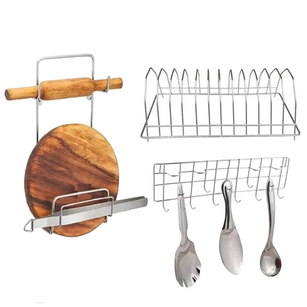 Useful Stainless Steel Chakla Belan Stand And Plate Stand Dish Rack Steel And Ladle Hook Rail Wall Mounted Ladle Stand For Kitchen