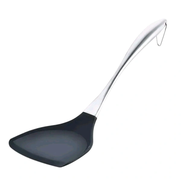 we3 Silicone Non Stick Spatula Turner with Stainless Steel Metal Handle,Heat Resistant Silicone Utensils Turner for Kitchen Cooking. (Black)