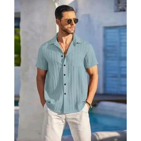 Stylish Blended Popcorn Half Sleeve Shirt for Men - Sea Green, S