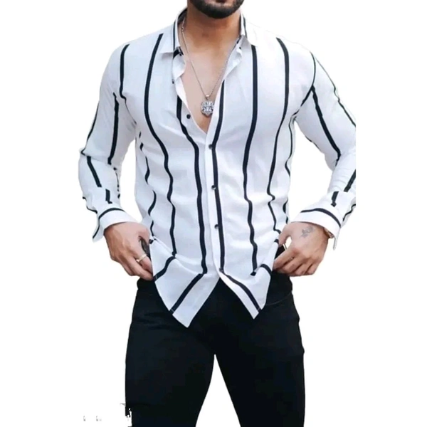 White Polyester Spandex Striped Casual Shirts For Men - White, L