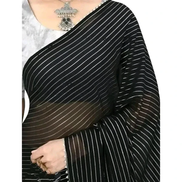 Georgette Silver Foil Striped Piping Border Sarees with Blouse Piece - Black