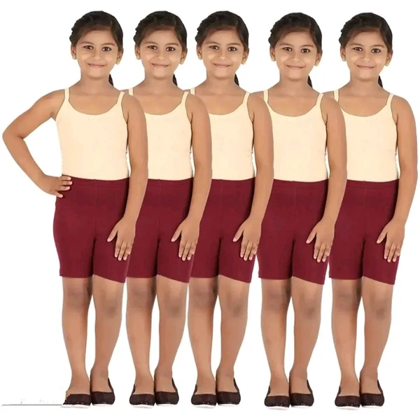 Girl's Maroon Cotton Spandex Solid Shorts (Pack Of 5) - Maroon, 3-4 Year