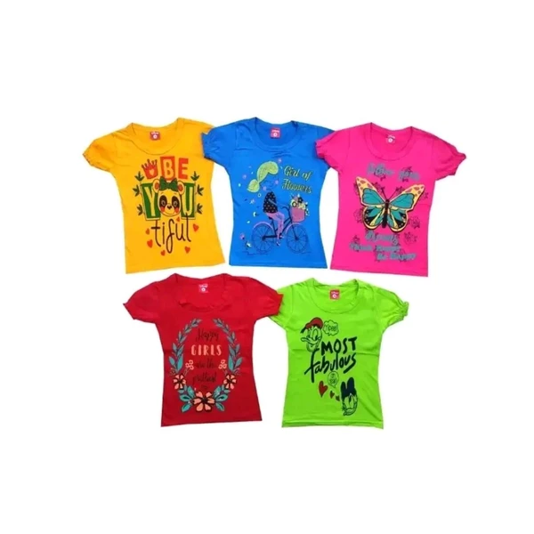 Girls Printed Pure Cotton T Shirt Multicolor  Pack Of 5