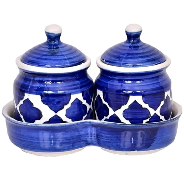 Ceramic Jars with Lid and Holding Tray Multipurpose Barni for Chutney, Pickle jar Storage Container