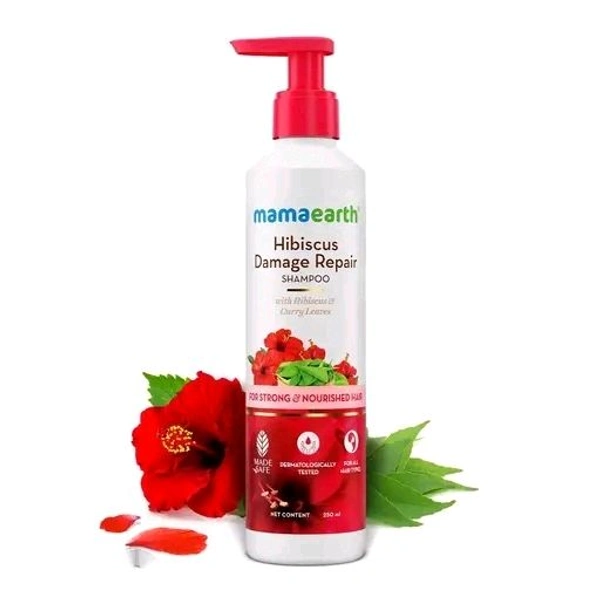 Mamaearth Hibiscus Damage Repair Shampoo With Hibiscus & Curry Leaves for Strong & Nourished Hair - 250ml | For Dry & Frizzy Hair | For Smoother, Shinier Hair | Suitable For All Hair Types