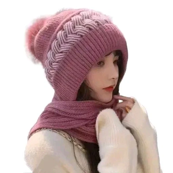 SYGA Women Winter Knitted Warm Hat with Scarf,Ear Protection Pompom Woolen Hat for Adult (Leather Pink)