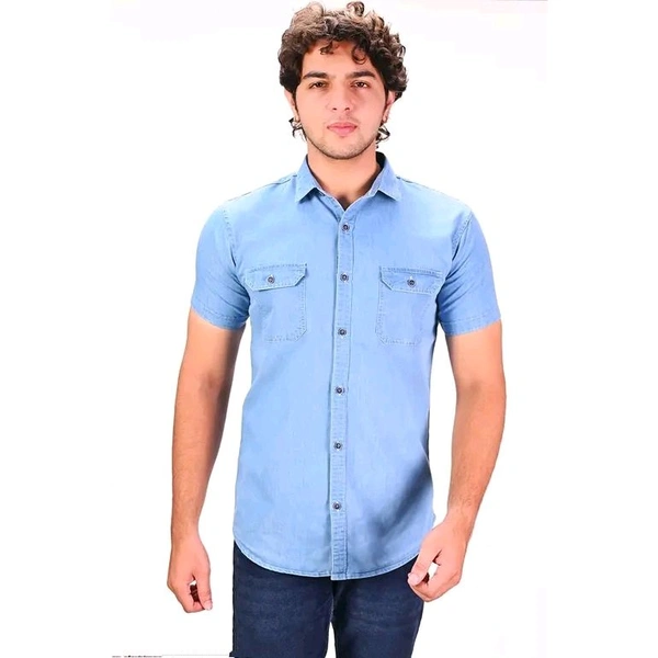 MEN DENIM CARGO HALF SLEEVES SHIRT - Aqua Blue, XL