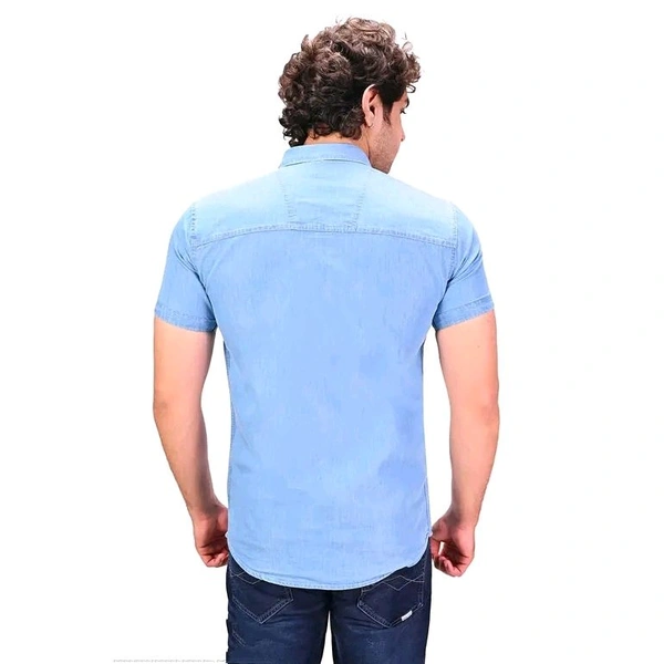 MEN DENIM CARGO HALF SLEEVES SHIRT - Aqua Blue, XL