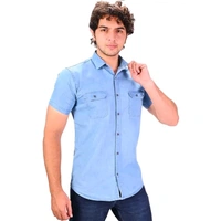 MEN DENIM CARGO HALF SLEEVES SHIRT - Aqua Blue, XL