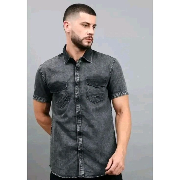 Mens Black Faded Short Sleeve Pocket  Cut Away Collar Button Denim Shirt - Black, XXL