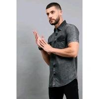 Mens Black Faded Short Sleeve Pocket  Cut Away Collar Button Denim Shirt - Black, XXL