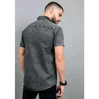Mens Black Faded Short Sleeve Pocket  Cut Away Collar Button Denim Shirt - Black, XXL