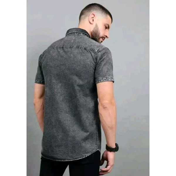 Mens Black Faded Short Sleeve Pocket  Cut Away Collar Button Denim Shirt - Black, XXL