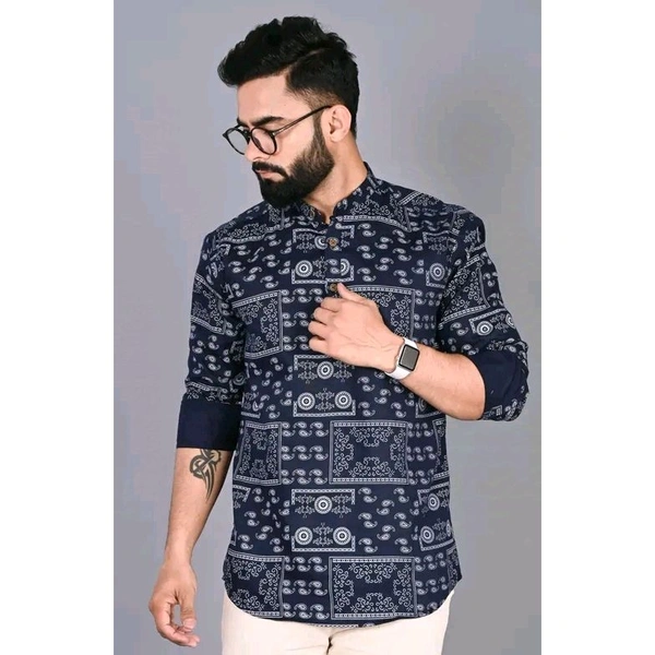 Men's Ethnic Motif Regular Spread Collar Black Shirts - Black, L