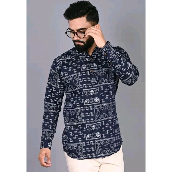 Men's Ethnic Motif Regular Spread Collar Black Shirts - Black, L