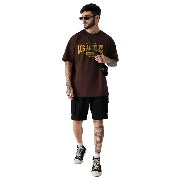 Men's Round Neck Oversized Half Sleeve Cotton Blend Loose Fit Baggy T-Shirt For Men | Plus Size Also Available - 3XL, Brown