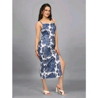 Women Floral Printed Drawstring Bodycon Dress / Blue Print Spaghetti Strap Bodycon Vacation Dress For Women, White / Perfect for Casual, Festive, Beach, and Evening Events / Designer wester dress for women & Girls - XS, Blue