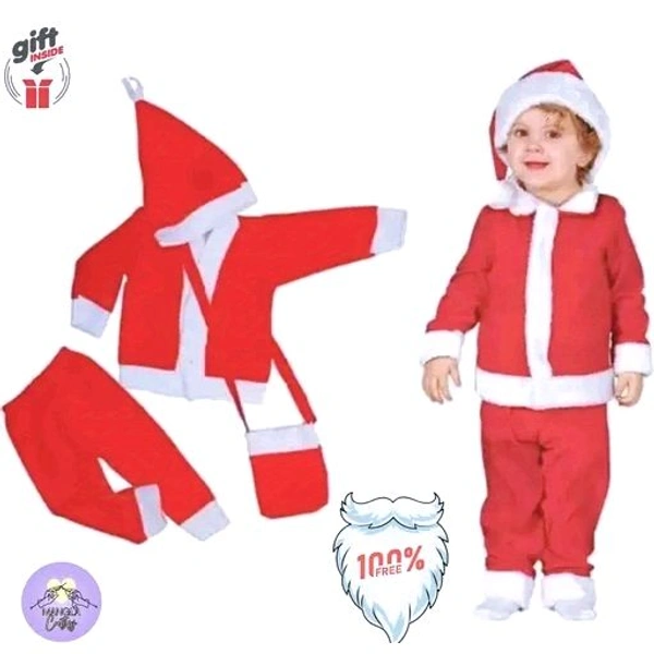 Santa Claus Costume Dress Kids Christmas Costume Complete Set of 4 - Jacket,Pant,Hat,Pouch-Red & White  - 4-5 Year, Red