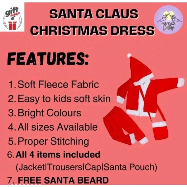 Santa Claus Costume Dress Kids Christmas Costume Complete Set of 4 - Jacket,Pant,Hat,Pouch-Red & White  - 4-5 Year, Red