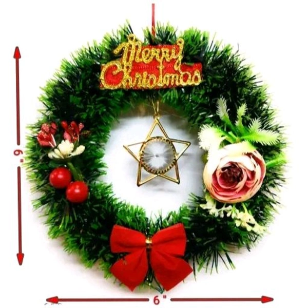 Designer Christmas Wreath / Wall Hanging / Decoration for Xmas Party / Christmas Decorations for Home/Gifts/Wreath - (Green Pine, 6Inch Diameter) - Green