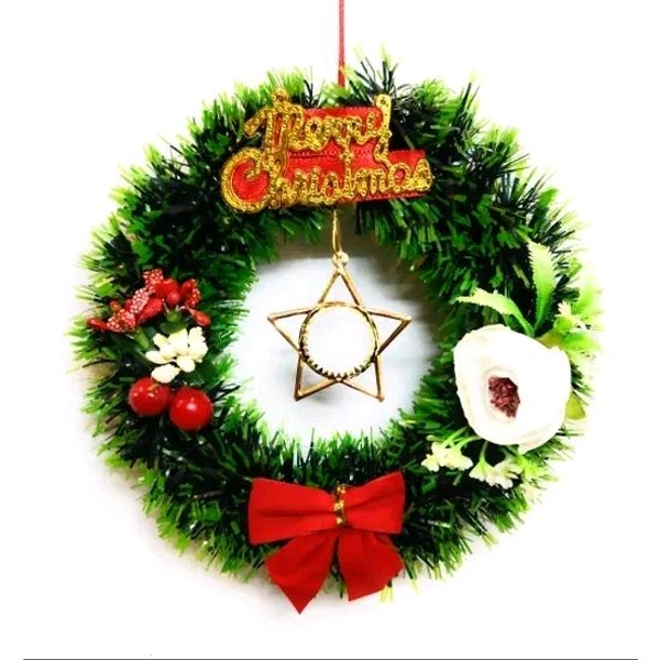 Designer Christmas Wreath / Wall Hanging / Decoration for Xmas Party / Christmas Decorations for Home/Gifts/Wreath - (Green Pine, 6Inch Diameter) - Green