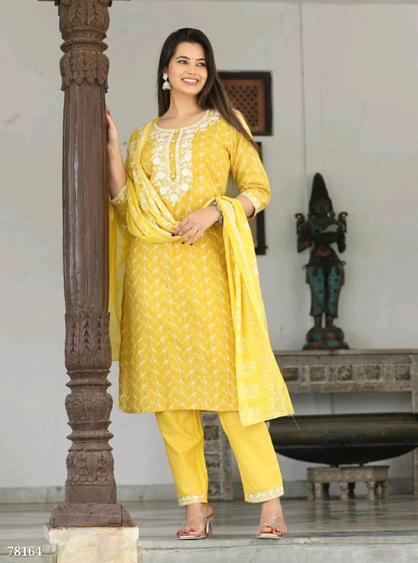 Ethnicmix Cotton Straight Kurti-pant-dupatta Set (Colour-Bright Sun)