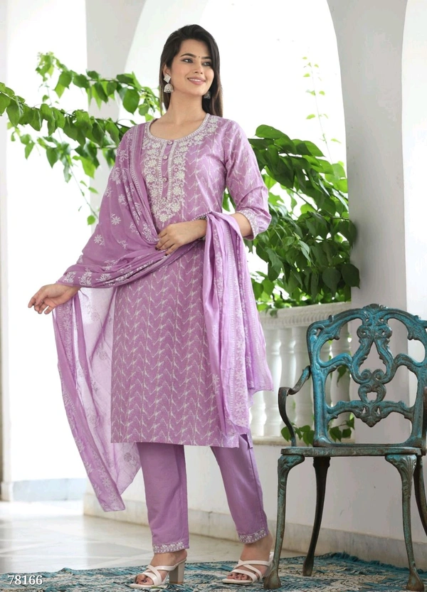 Ethnicmix Cotton Straight Kurti-pant-dupatta Set (Colour -Fuchsia Blue)