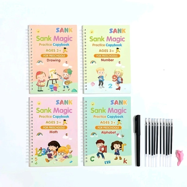 Sank Magic Practice Copybook (4 BOOK + 10 REFILL+ 1 pen +1 Grip) for kids (Multicolor)