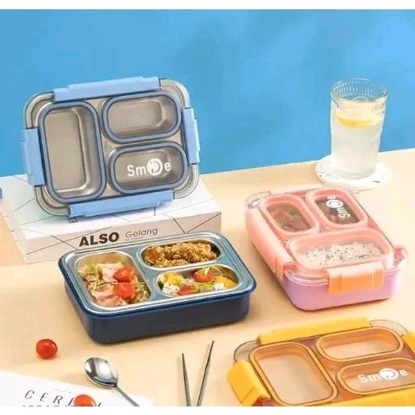 IQIX 3 Compartment Stainless Steel Bento Lunch Box with Leakproof Design (Blue & Yellow)