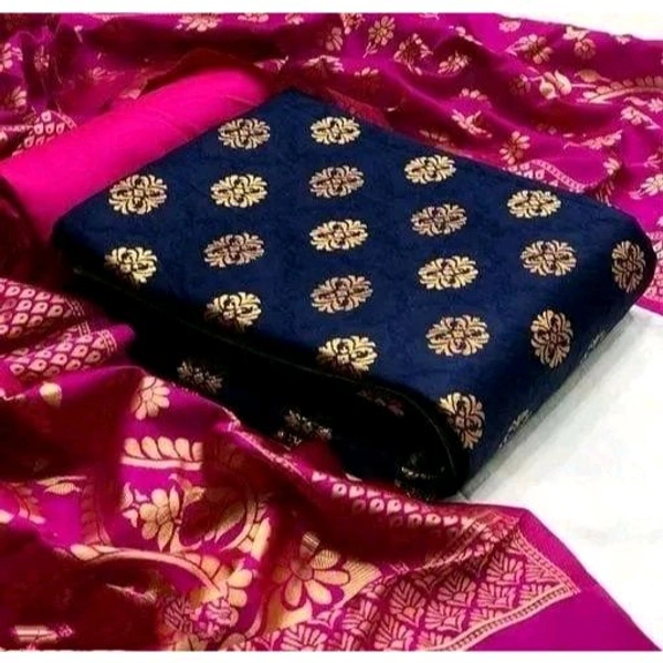 Women's Navy Blue Ethnic Motif Zari Woven Banarasi Silk Suits & Dress Materials - Navy Blue