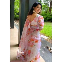 Bollywood White colour Floral Organza Saree With Fully Stiched Styles Blouse Upto 42 Size - White