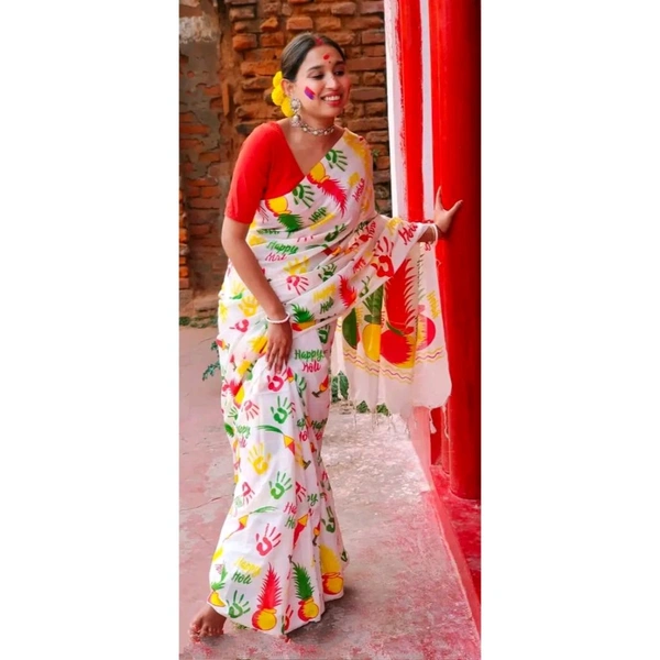 HOLI SPECIAL COTTON PRINTED SAREES - White