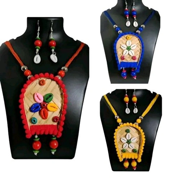 Handmade Tribal Bamboo Kula Necklace and Earrings Set, Cowrie Shell Design, Multicolour, Pack of 3